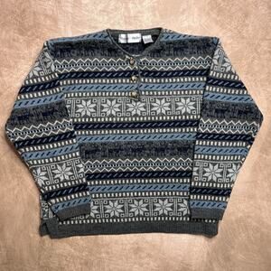 Vintage 90s Baxter & Wells Fair Isles Snowflake Moose Knit Sweater Multicolor